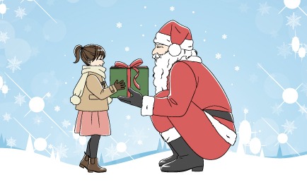 画像：雪景色の中、サンタクロースが女の子にプレゼントを渡しているイラスト